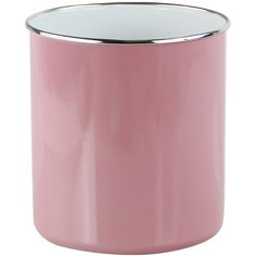 a pink coffee cup with silver rim on a white background