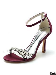 Fisdy - Exquisitos zapatos de novia de satén con adornos de pedrería y tacón de aguja para mujer Lavender Prom Dresses, Prom Dress Trends, Navy Blue Prom Dresses, Prom Dress Shoes, Strappy High Heels Sandals, Prom Accessories, Pink Homecoming Dress, Prom Heels, Bridal Sandals