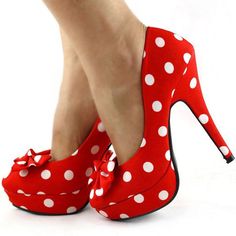 Elevate your style with these charming Red White Stiletto Heels. Featuring a playful polka dot pattern, round-toe design, bow embellishment, and platform detail, these pumps are a perfect blend of chic and fun. Color: Red and white Heel Type: Stiletto heel Heel height: 5.5" / 140 mm approx Product measurements were taken using size 8. Please note that measurements may vary by size. Toe: Round toe With platform Polka dot print design Bow embellishment Handcrafted US sizing. Fits true to size. Stile Pin Up, White Stiletto Heels, White Stilettos, Bow Pumps, Red High Heels, Platform High Heels, Red Polka Dot