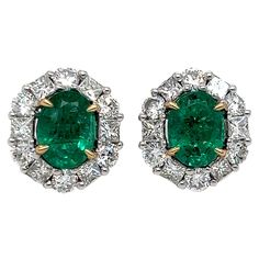 Discover the elegance of these stunning oval-cut emerald earrings, beautifully crafted in 18K two-tone gold. The vibrant emeralds are securely set in yellow gold with four prongs, each framed by a halo of sparkling E-color diamonds with VS1 clarity. This perfectly matched pair of earrings features a classic push-back design for a secure and comfortable fit. Elevate your look with this timeless piece that effortlessly blends sophistication with brilliance. Certification and appraisal will be prov Earring Video, Yellow Diamond Earring, Emerald Set, Emerald Diamond Earrings, Diamond Cuff Bracelet, Diamonds Earrings, Diamond Cluster Earrings, Emerald Earrings Studs, Ring Emerald