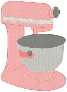 a pink mixer with a gray bowl on it's side and the letter i