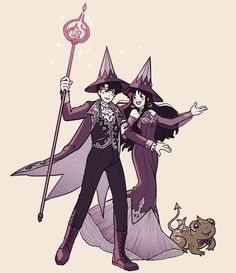 two people dressed up as witches and one is holding a staff with a cat on the other side