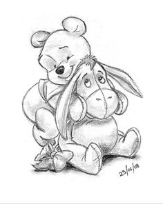 winnie the pooh and piglet from winnie the pooh, drawn in pencil