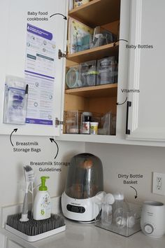 the contents of a kitchen cupboard are labeled