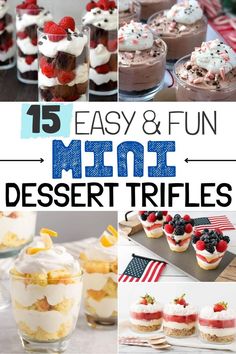 desserts and dessert trifles are featured in this collage