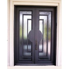 a black double door with frosted glass on the front and side doors are shown