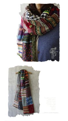 two pictures of different scarves hanging on a wall