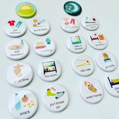 several buttons with different types of things on them