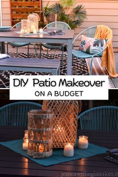 a patio makeover on a budget with candles and chairs in the back yard area