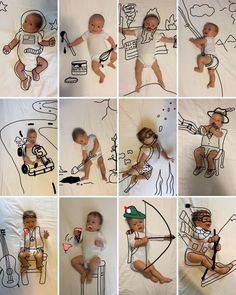 many pictures of babies in different poses on a white sheet with black and red lines