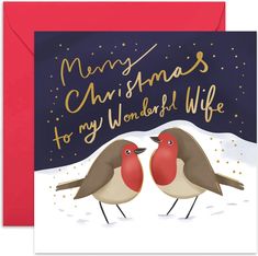 two birds standing next to each other in front of a christmas card that says merry christmas to my wonderful husband