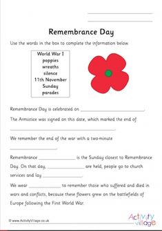 remembrance day worksheet with an image of a red flower and the words remembrance