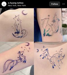 three different pictures of tattoos on the arms and back of women's bodies, one with