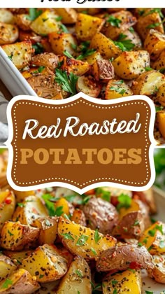 red roasted potatoes with parsley on top and the title overlay reads, red roasted potatoes