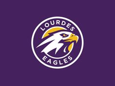 an eagle logo on a purple background with the words lourddes eagles in gold