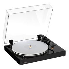 an old record player with its turntable and clear glass case on white back ground