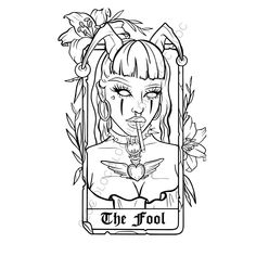 the fool tarot card with flowers and leaves around her face, in black and white