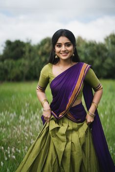 Half Saree Photoshoot Poses, Dhawani Designs Kerala, Half Saree Models Latest, Kerala Skirt And Top, Kerala Outfits, Kay Core, Megha Shetty, Types Of Dresses Styles, Exclusive Saree Blouse Designs