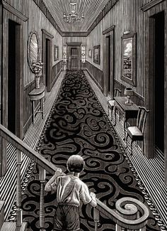 a boy is walking down the stairs in an old fashioned hallway with black and white lines