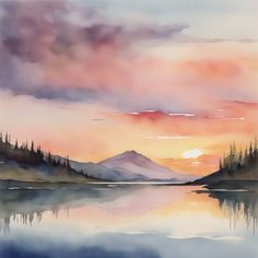 a watercolor painting of a sunset over a lake with mountains and trees in the background