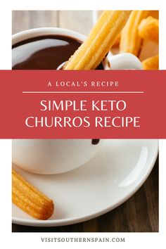 a white plate topped with churros next to a cup of coffee and sauce