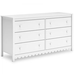 a white dresser with scalloped drawers on the top and bottom, against a white background