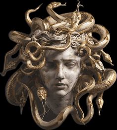 the head of medusan with snakes on it's face, in front of a black background