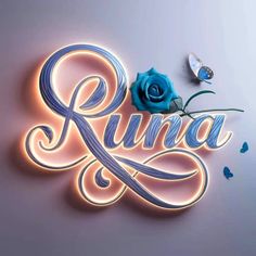 the word rumma is surrounded by blue roses and butterflies