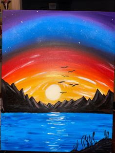 an acrylic painting of a sunset over the ocean