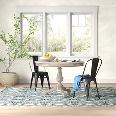 a dining room table with two chairs and a potted plant next to the window