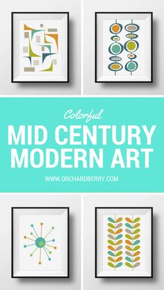 four framed art pieces with the text colorful mid century modern art