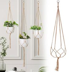 three hanging planters with plants in them, one is white and the other is brown