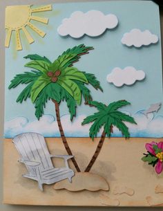 a card with a chair and two palm trees on the beach next to a flower