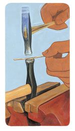 a painting of two hands working on a piece of wood with one hand holding a knife