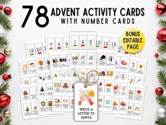 christmas themed activity cards with numbers and ornaments