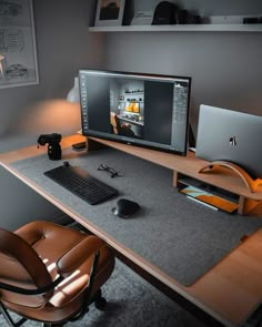 a computer monitor sitting on top of a wooden desk