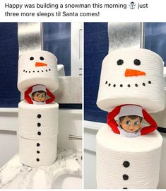 two pictures of a toilet paper roll snowman