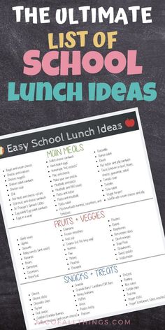 the ultimate list of school lunch ideas on a chalkboard with text overlaying it