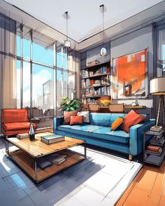 a drawing of a living room with couch, coffee table and bookshelf in it