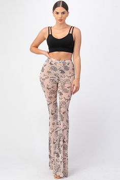 Mesh, elastic waist/sheer. Black Sheer Pants For Spring, Chic Full-length Sheer Bottoms, Sheer Stretch Pants For Spring, Sheer Mesh Stretch Bottoms, Sheer Stretch Mesh Bottoms, Sheer Trousers Bottoms For Spring, Chic Sheer Long Pants, Sheer Trousers For Spring, High Waist Fitted Mesh Pants