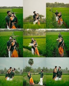 a couple is hugging in the middle of some green grass and posing for pictures with their arms around each other