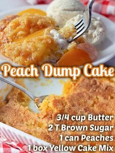 peach dump cake on a white plate with two brown sugar and one yellow cake mix