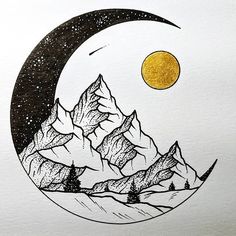 a drawing of mountains and the moon