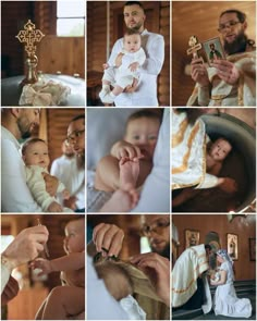 a collage of photos with people and babys in the middle one is holding a cross