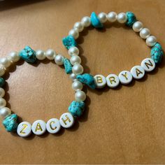 Calling All Zack Bryan Lovers! One Of A Kind Handmade Bracelet Set! Turquoise Stones And Faux Pearls With Gold/White Letter Beads American Heartbreak, Deann, Summertime Blues Stretchy Standard (7”) Bands. Custom Sizes Available Upon Request But 7 Is Universal Sweet Deanne, All My Homies Hate Ticket Master, Condemned, Revival, Summertime Blues Zach Bryan Bracelet, Zach Bryan Bracelet Ideas, Morgan Wallen Bracelet Ideas, Turquoise Beaded Bracelets, Zack Bryan, Music Note Bracelet, American Heartbreak, Make Clay Beads, Letter Charm Bracelet