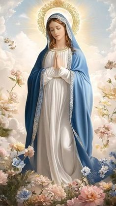 the immaculate mary is surrounded by flowers