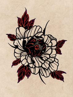 a drawing of a flower with red and black leaves on it's petals in the center