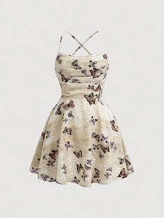 Butterfly Pattern Ruched Criss-cross Strap Dress Multicolor Boho  Sleeveless Woven Fabric Butterfly Cami Non-Stretch  Women Clothing, size features are:Bust: ,Length: ,Sleeve Length: Cute Dress Outfits, Classy Dress Outfits, Butterfly Dress, Simple Trendy Outfits, Edgy Outfits, Pretty Dresses, Pretty Outfits