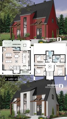 two story house plan with 3 bedroom and 2 bathrooms on the first floor, surrounded by trees