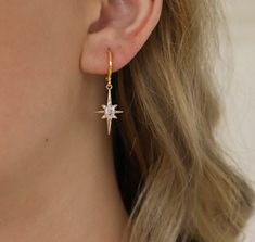 18k gold plated cubic zirconia star earrings with hoop studs. long lasting not easy to tarnish with cubic zirconia sparkle like real diamonds and reflects rainbow gloss in sunshine. drop size: 21.5mm long, 12.5mm wide, 3.5mm thick. minimalist and elegant earrings makes it perfect for everyday wear and a great gift for mother, sister, friend, bridesmaid. Gold Star Earrings, Bow Necklace, Earrings Bridesmaid, Women Earrings, Earrings Hoop, Bow Earrings, Earrings Minimalist, Big Earrings, Gold Star